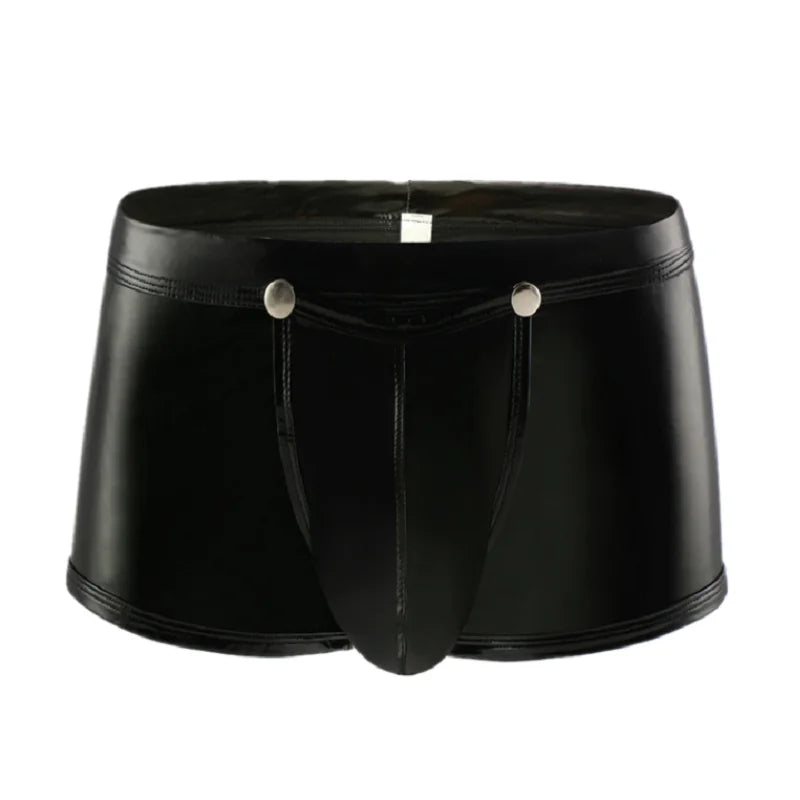 Mens Sexy Leather Lingerie Open Crotch Short Pants for Sex Latex Shaping Sheath Fetish Boxer Leather Underpants Bulge Pouch Sex