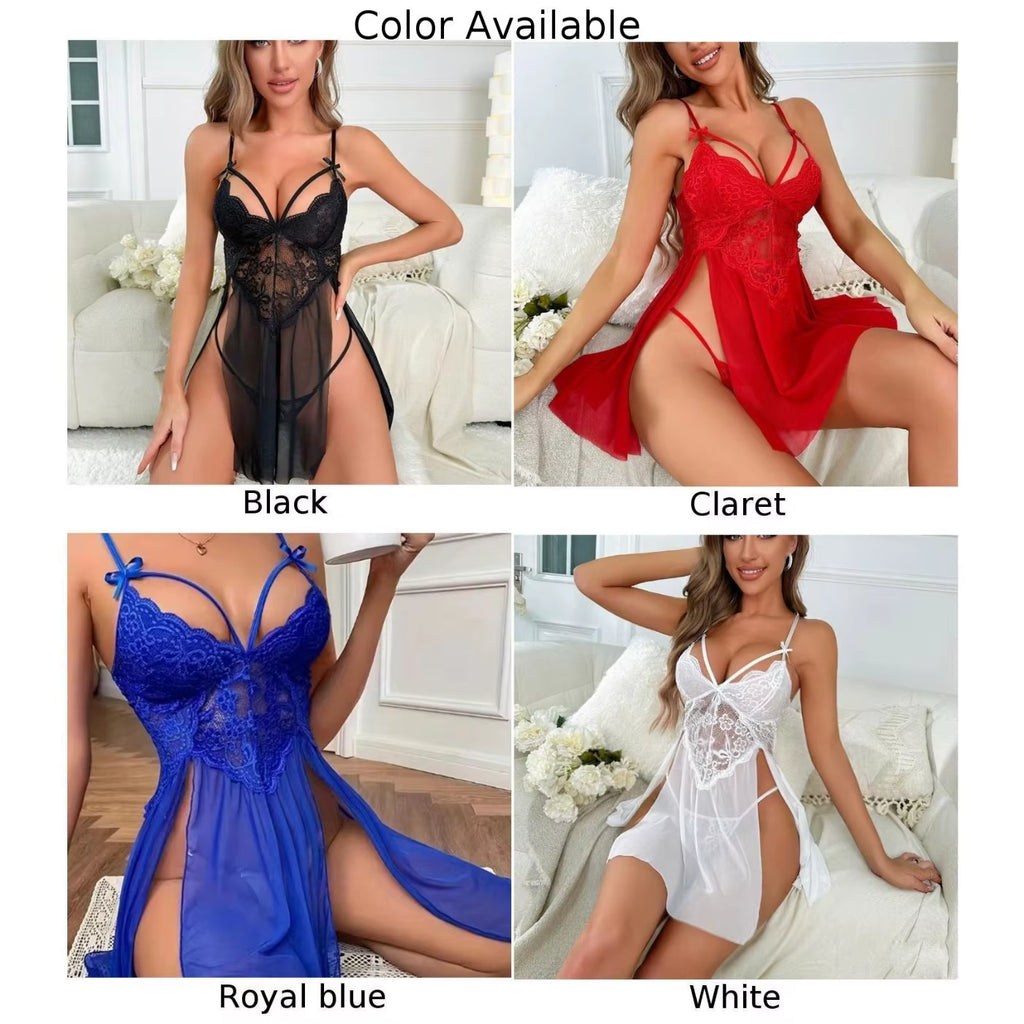 Sexy Lingerie Women Lace Crotchless Nightgown Thong Set Erotic Dress Underwear Porn Sex Underwear Nightdress Sets