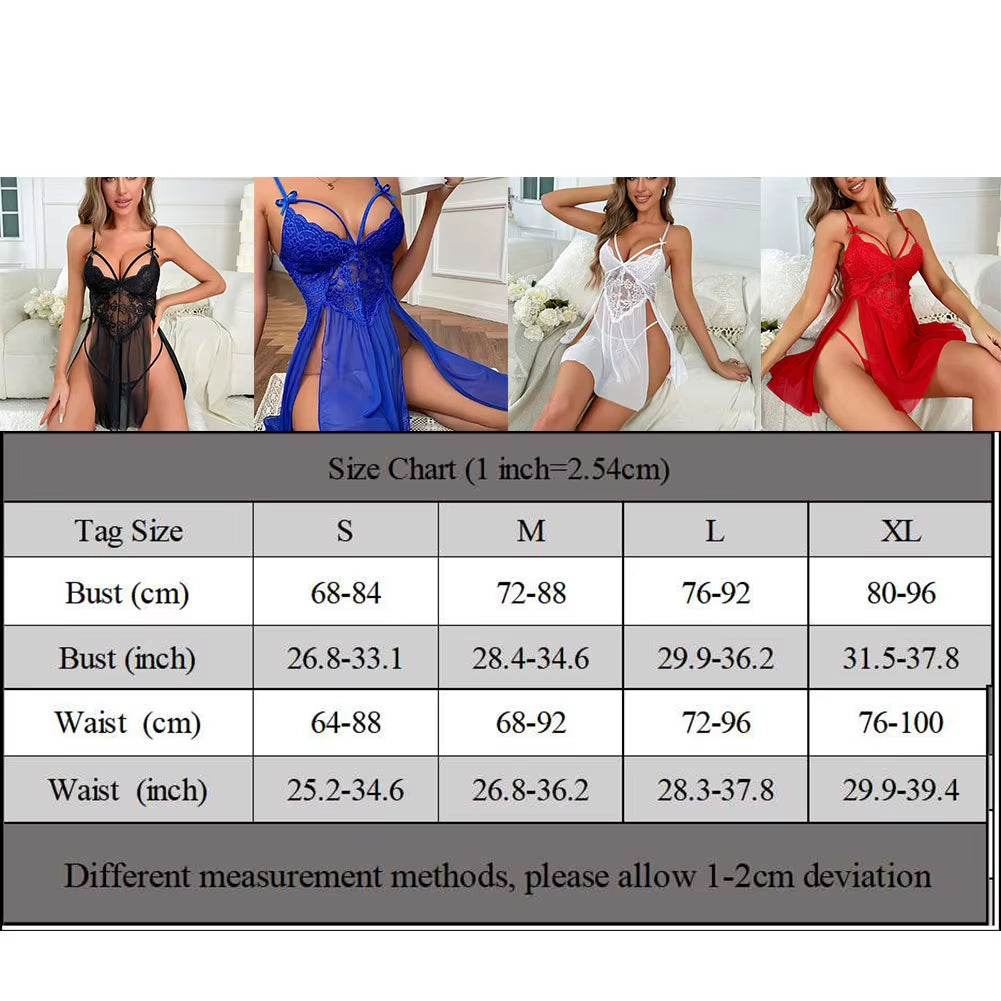 Sexy Lingerie Women Lace Crotchless Nightgown Thong Set Erotic Dress Underwear Porn Sex Underwear Nightdress Sets